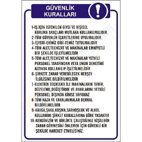Güvenlik Kuralları Levhası